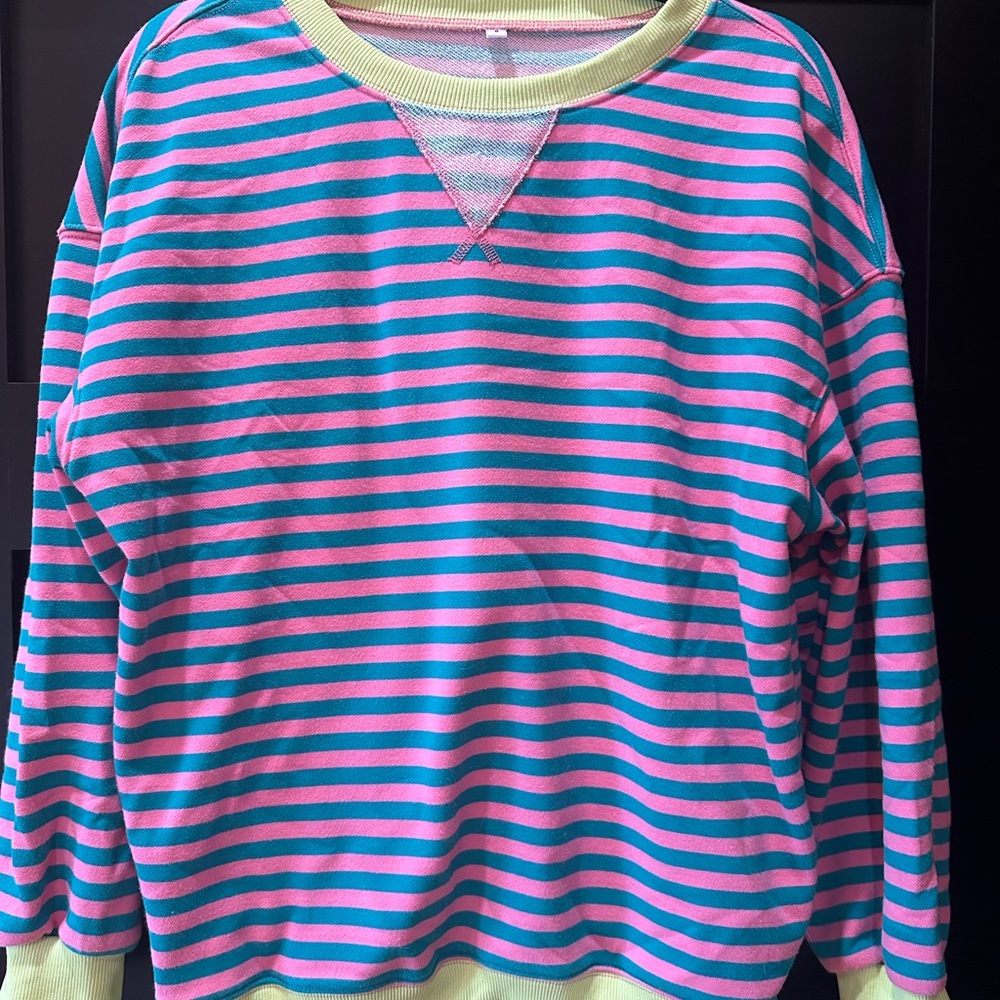 Striped Pink and Teal Crewneck Sweatshirt with Lime Trim~Spring/Summer Colors